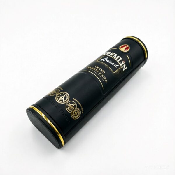 Black Cylindrical Leather Wine Tube Box with Gold Trim