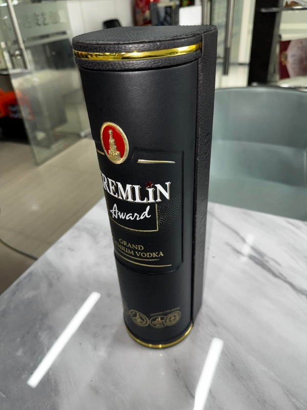 Black Cylindrical Leather Wine Tube Box with Gold Trim