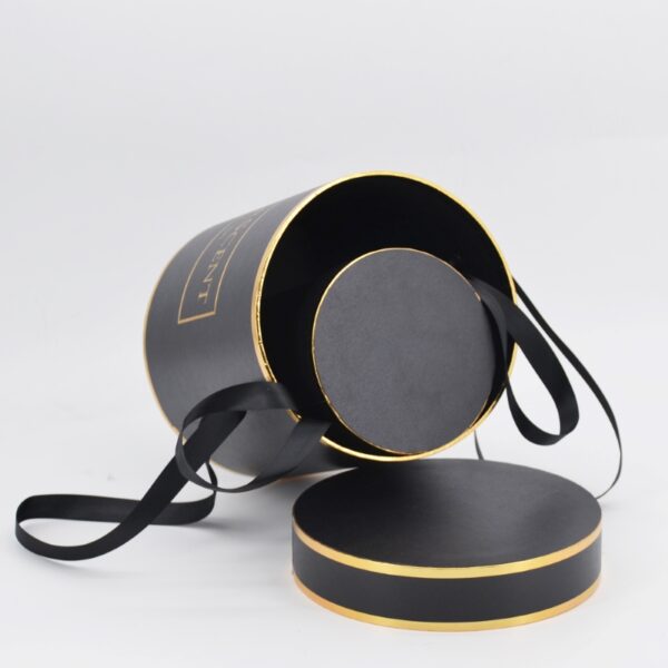 Black gold cylindrical flower gift box with handle