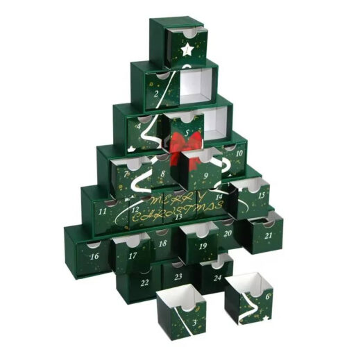 Custom Christmas Advent Calendar Box with Tree Shape Drawer Design and 24-Day Gift Packaging